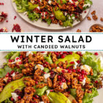 Pinterest pin with text overlay 'Winter Salad with Candied Walnuts', image of a large platter covered in a colorful and festive salad.