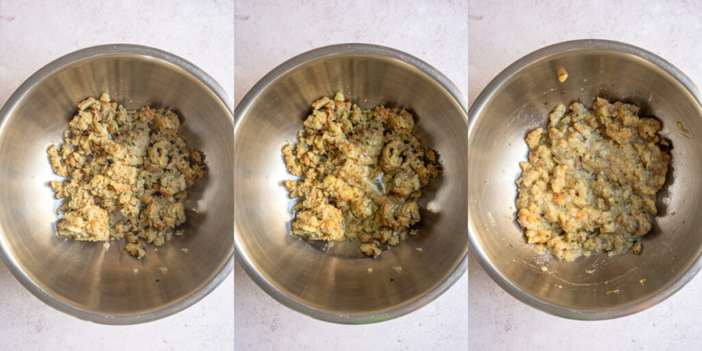Adding stuffing and egg whites together to make batter for stuffing waffles.