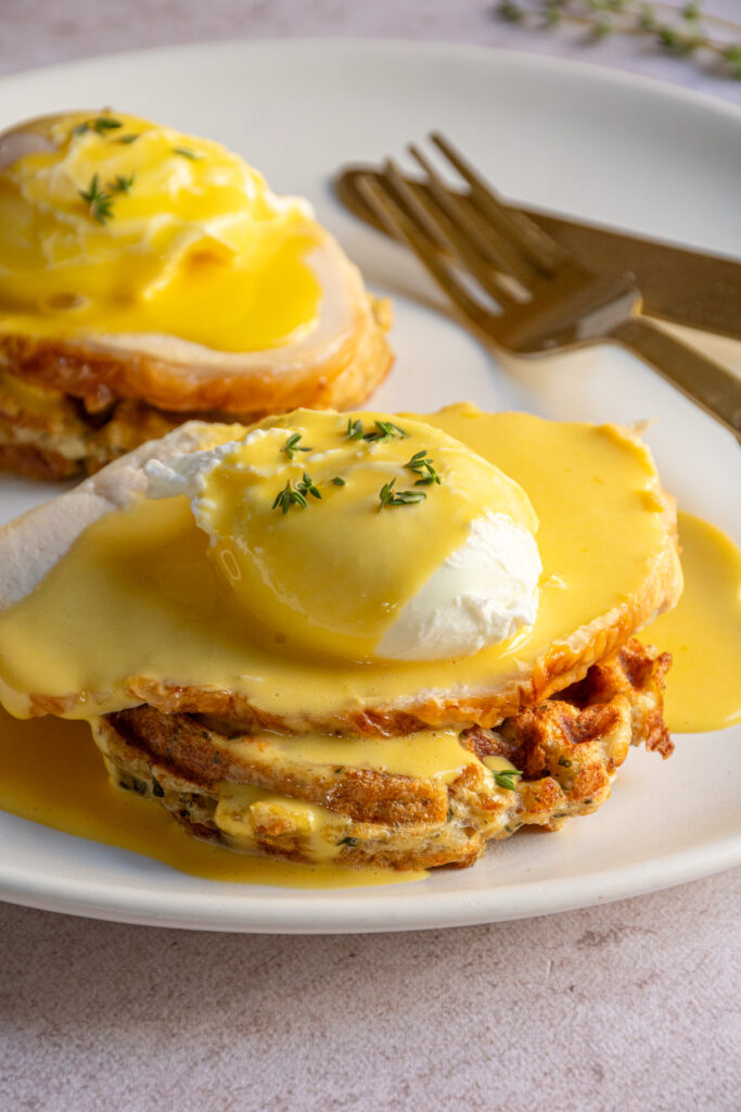 A turkey eggs benedict make with thanksgiving leftover like a stuffing waffle.