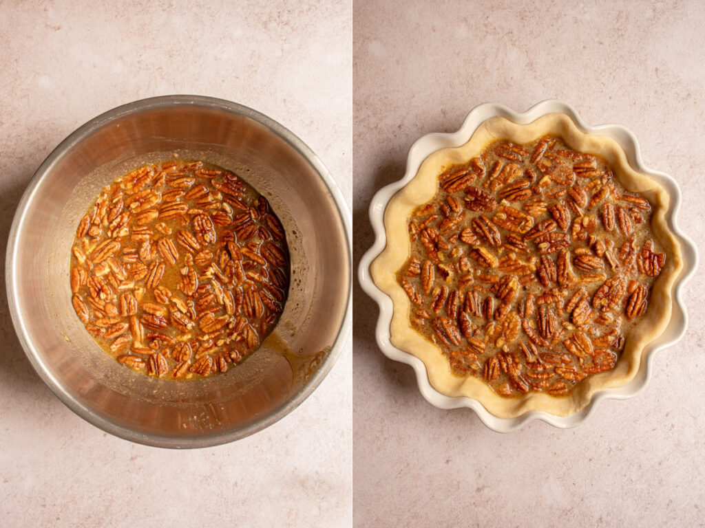 Uncooked pecan pie in a pie plate.