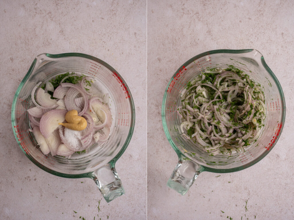 A large sprouted measuring cup with dressing for simple beet salad.