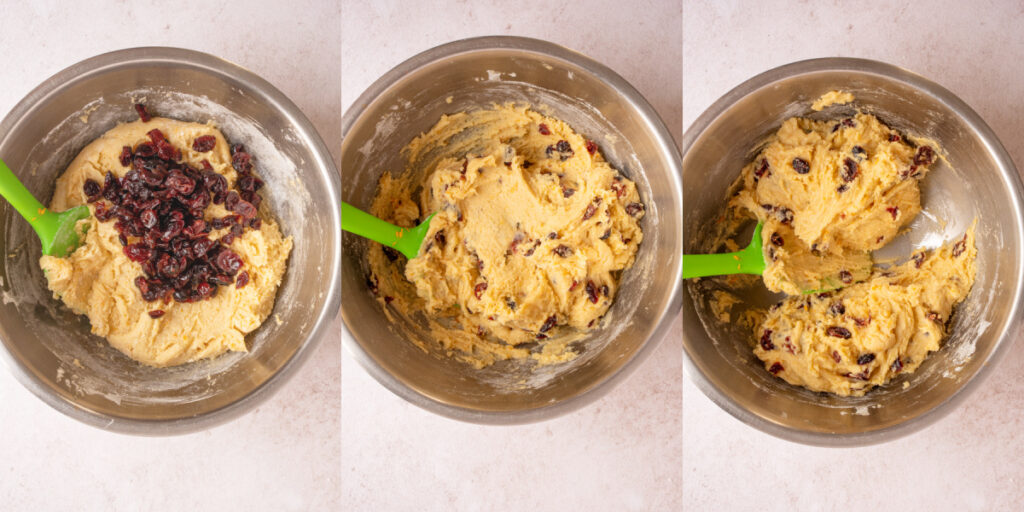 Collage showing the steps of folding the cranberries into the dough to make Orange Cranberry Biscotti.