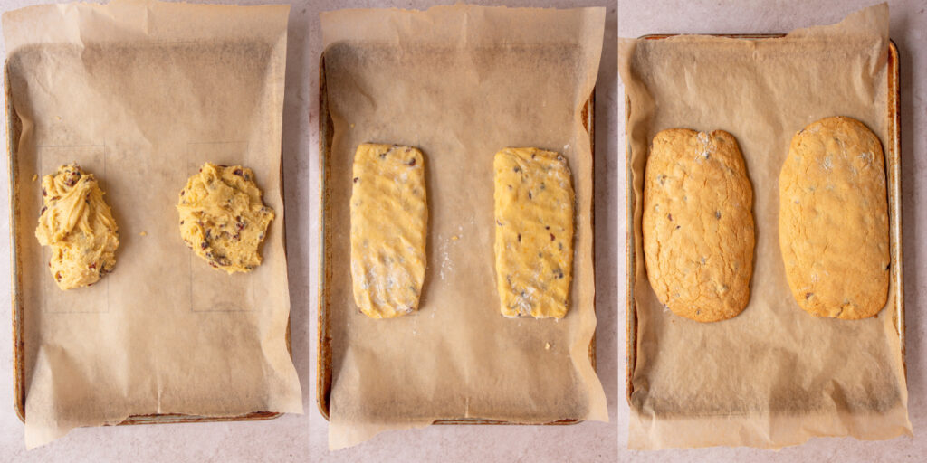 Collage showing the steps of forming the biscotti for the first bake and the first bake of Orange Cranberry Biscotti.
