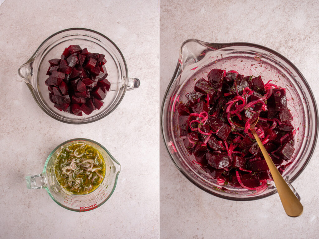 Collage with the cut beets and dressing to make simple beet salad.