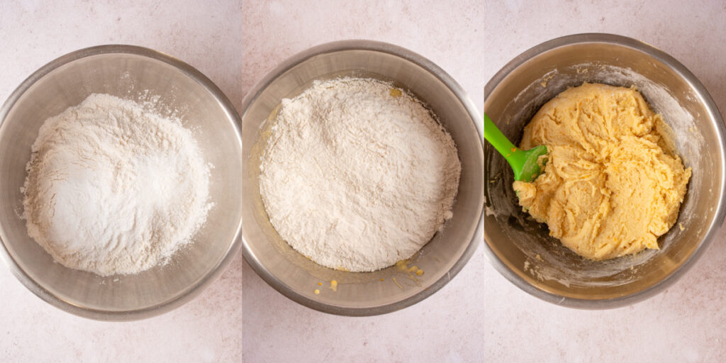 A collage showing mixing the dry ingredients and wet ingredients together to make dough for Orange Cranberry Biscotti.