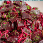 Pinterest pin with text overlay 'Simple Beet Salad', image of a serving bowl filled with beet salad topped with fresh dill.