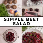 Pinterest pin with text overlay 'Simple Beet Salad', image of a serving bowl filled with beet salad topped with fresh dill.