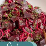 Pinterest pin with text overlay 'Simple Beet Salad', image of a serving bowl filled with beet salad topped with fresh dill.