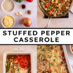 Pinterest pin with text overlay "Stuffed Pepper Casserole", image of a white baking dish with stuffed bell pepper casserole with a wooden spoon.