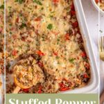 Pinterest pin with text overlay "Stuffed Pepper Casserole", image of a white baking dish with stuffed bell pepper casserole with a wooden spoon.