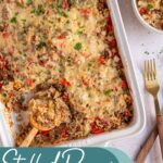 Pinterest pin with text overlay "Stuffed Pepper Casserole", image of a white baking dish with stuffed bell pepper casserole with a wooden spoon.