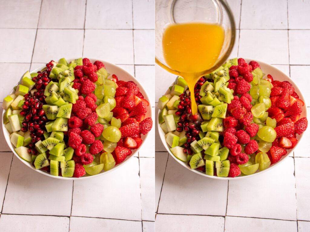 A collage showing orange dressing being paired over a red and green fruit salad.