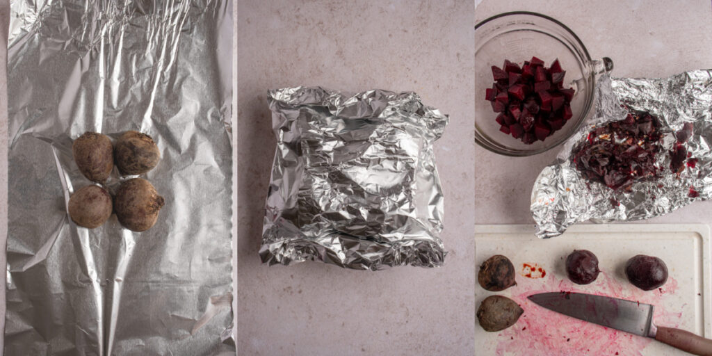 A collage showing the roasting process of beets in foil and peeling the beets once they are roasted.