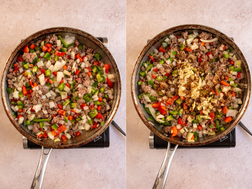 A skillet with cooking ground beef, peppers, onions, and garlic.