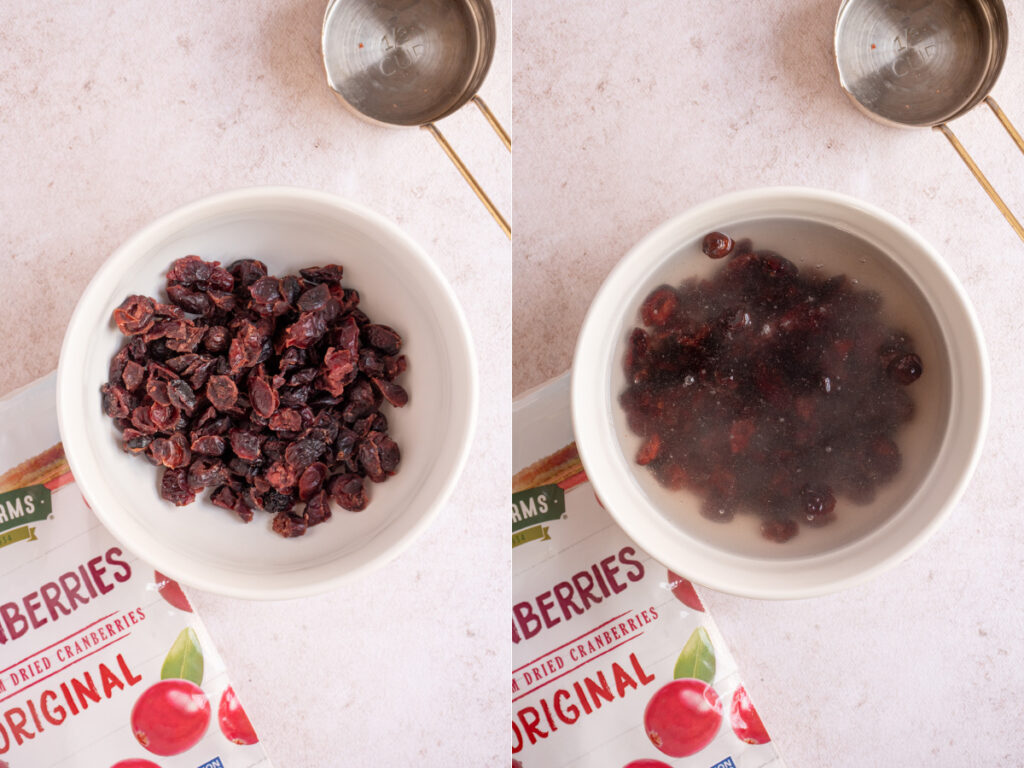 Collage showing soaking the dried cranberries for Orange Cranberry Biscotti.