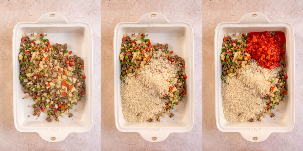 Collage showing the step by step of making stuffed pepper casserole by adding the beef mixture, rice and tomatoes to a casserole dish.