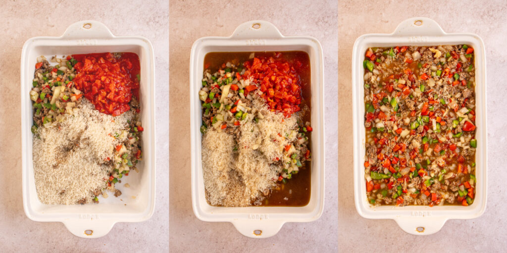 Collage showing step by step of making stuffed pepper casserole by adding Worcestershire sauce, broth, and mixing the casserole dish for baking.
