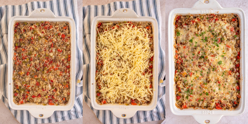 Collage showing the step by steps of the stuffed pepper casserole out of the oven, stirred with cheese, and then all done out of the oven.