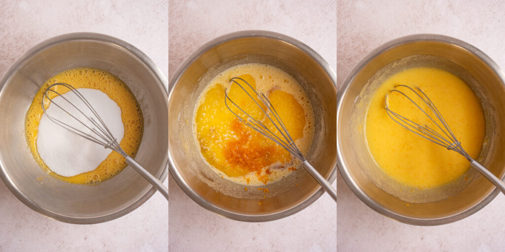 Collage showing mixing together the wet ingredients to make Orange Cranberry Biscotti.