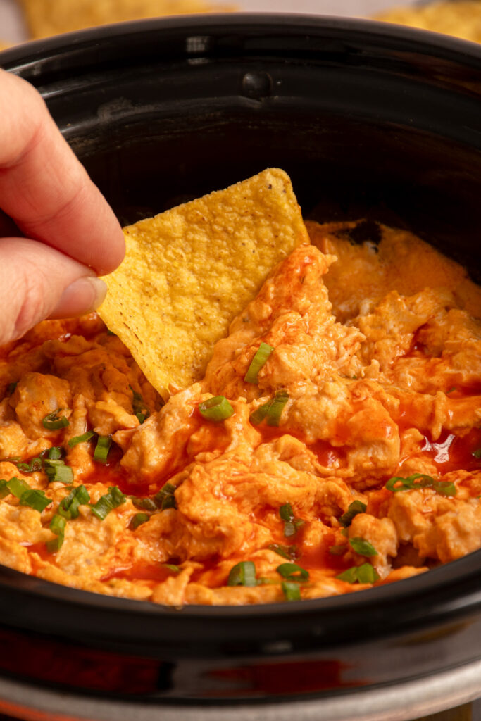 A chip being dipped into buffalo chicken dip in a small slow cooker.
