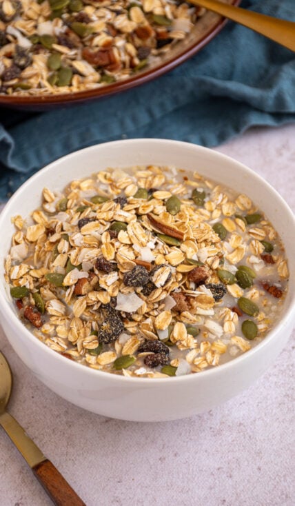 Muesli recipe in a bowl with oat milk.