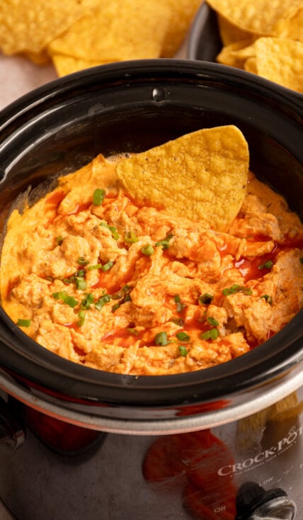 A small slow cooker filled with buffalo chicken dip garnished with green onions and a chip dipped in.