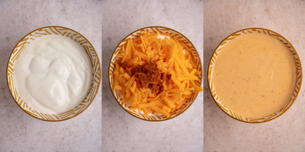 Collage showing blended cottage cheese, shredded cheese with taco seasoning, and it all melted together in a bowl.