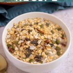 Pinterest pin with text overlay 'Muesli Recipe', image of a bowl with homemade muesli.