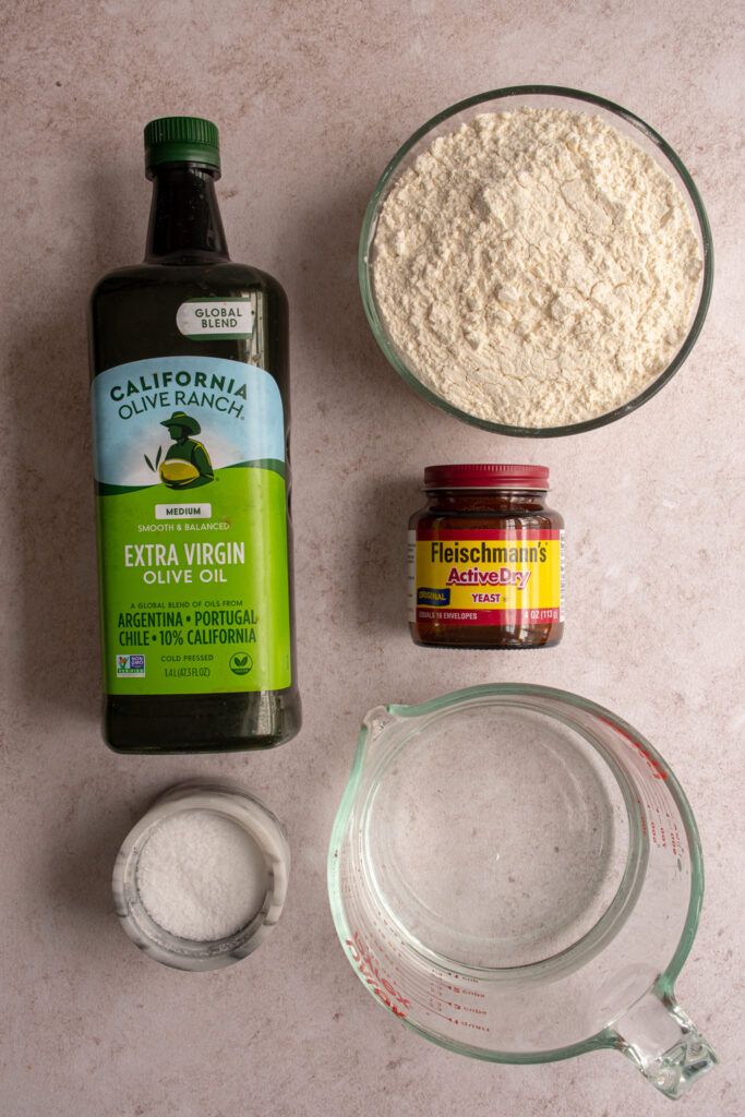 Ingredients needed to make focaccia bread.