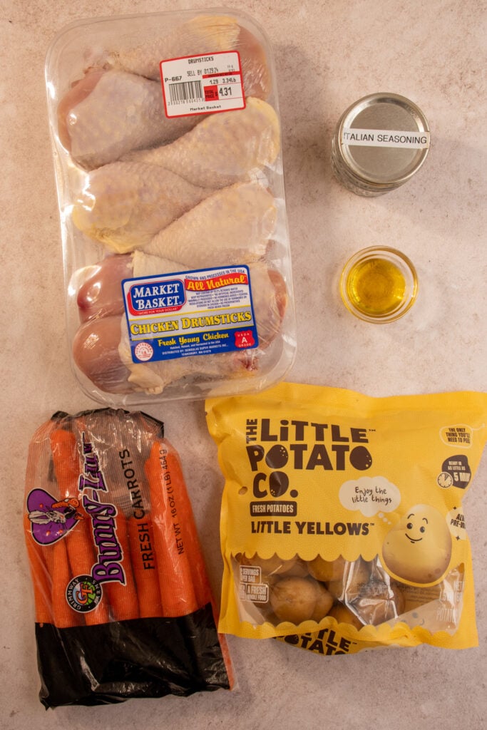 Ingredients for making slow cooker chicken legs and potatoes.