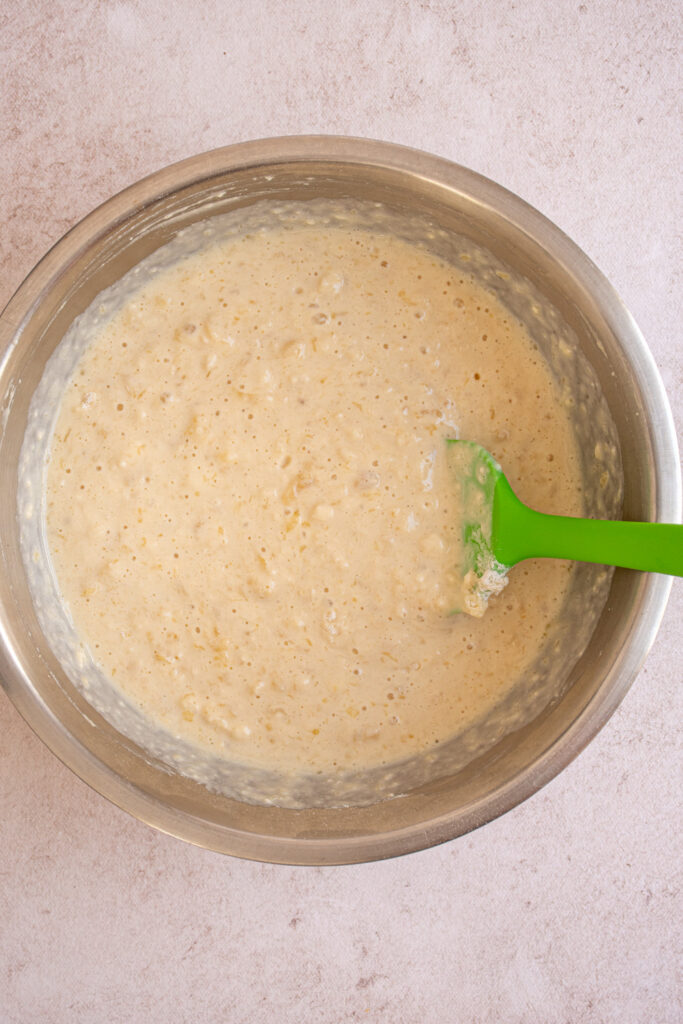 Batter for making Banana Chocolate Chip Pancakes some lumps are okay.
