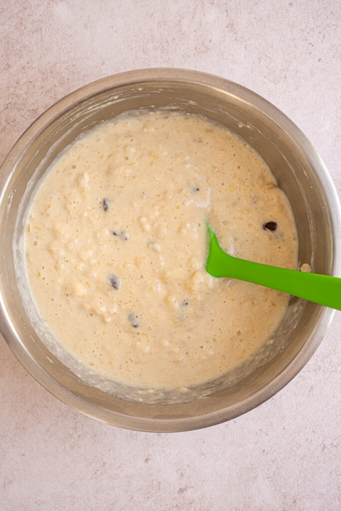 Batter in a bowl for making Banana Chocolate Chip Pancakes.