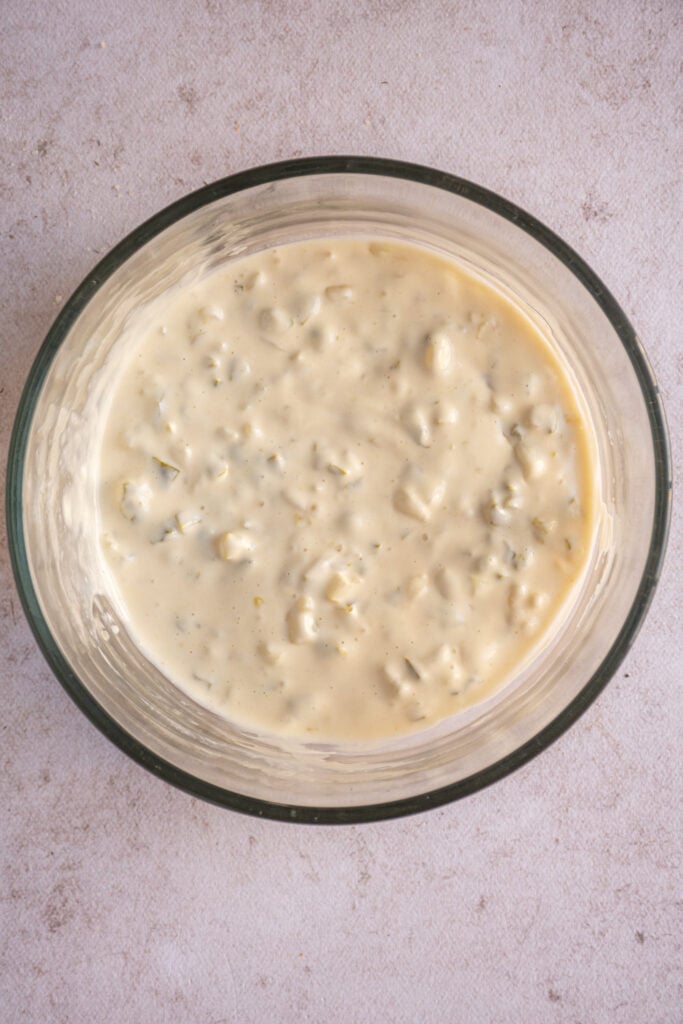 A bowl with the homemade tartar sauce.