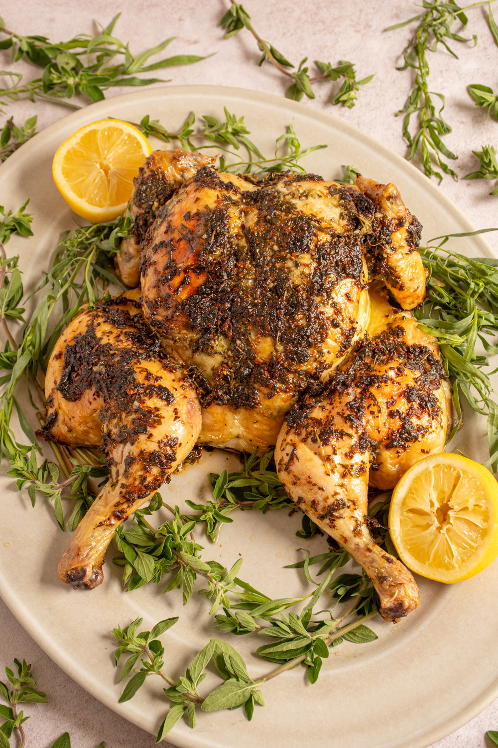A butterflied roasted chicken on a white serving platter surrounded by green fresh herbs.