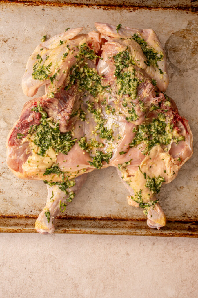 The inside of a raw chicken cut open and slathered with olive oil and fresh herbs.