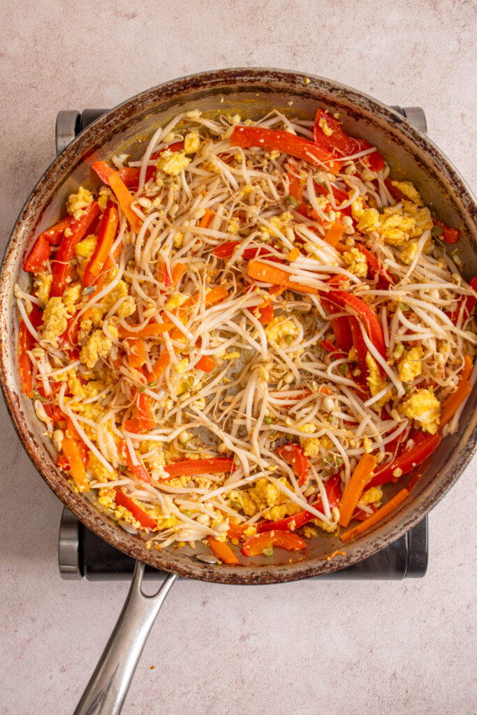 Cooked bean sprouts with the veggies and eggs.