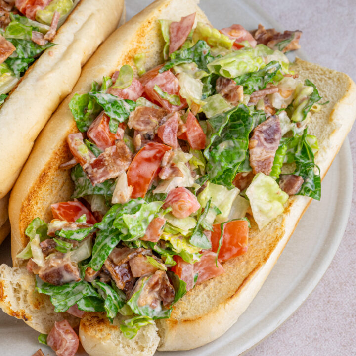 A chopped BLT sandwich on a serving platter.
