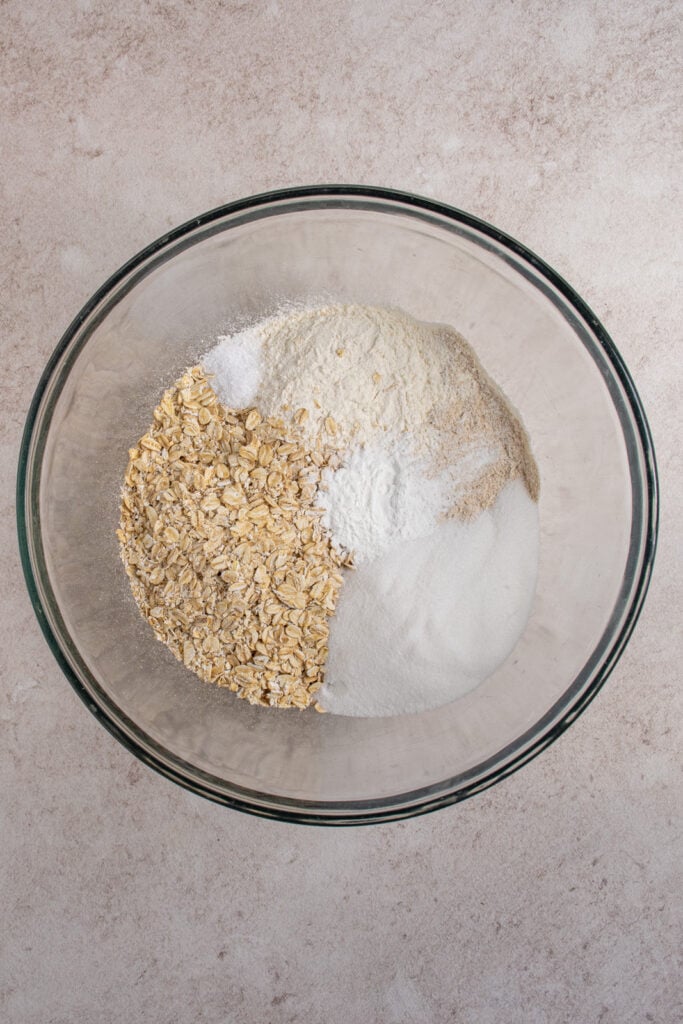 The dry ingredients in a mixing bowl.