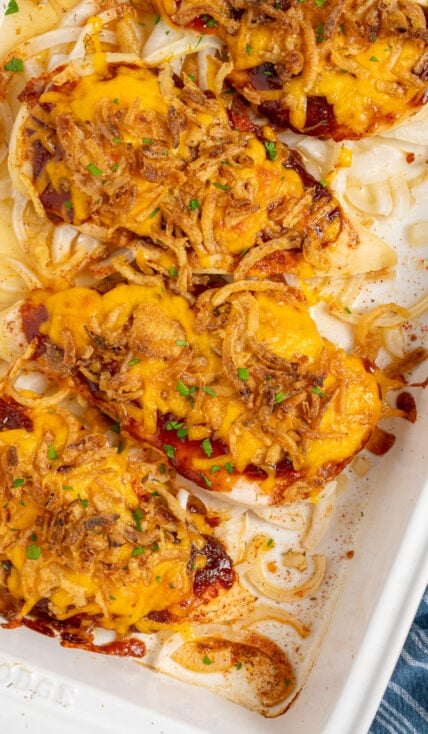 Chicken breast covered in barbecue sauce, melted cheese, and crispy fried onions.