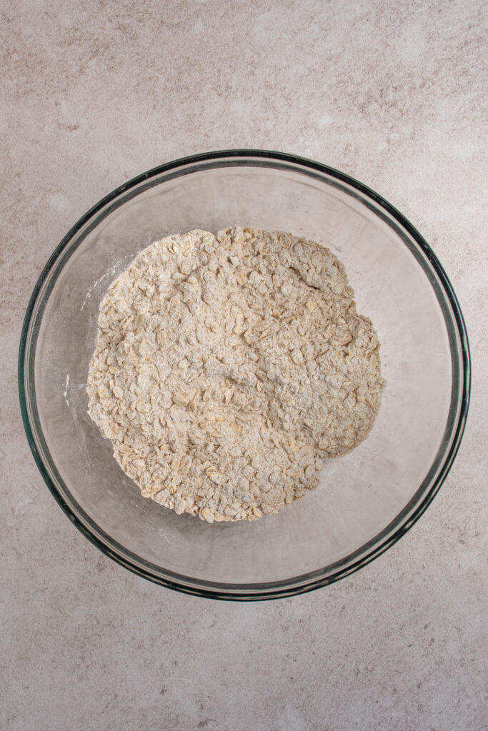 Dry ingredients mixed together in a large mixing bowl.