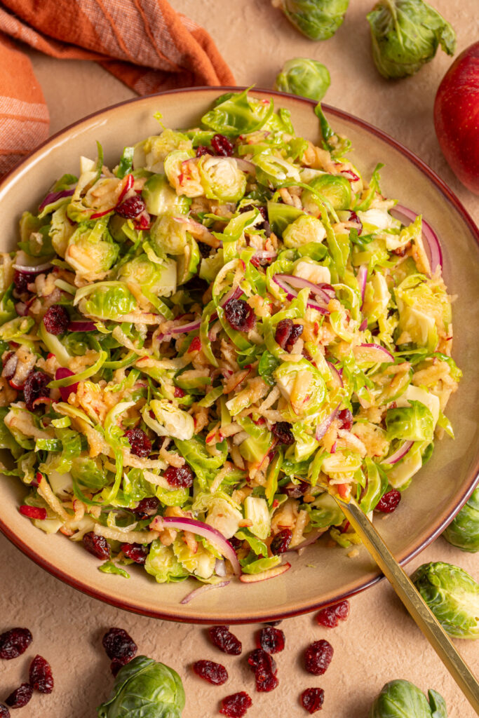 Shredded Brussel Sprout Apple Salad in a brown bowl with dried cranberries and red onions.