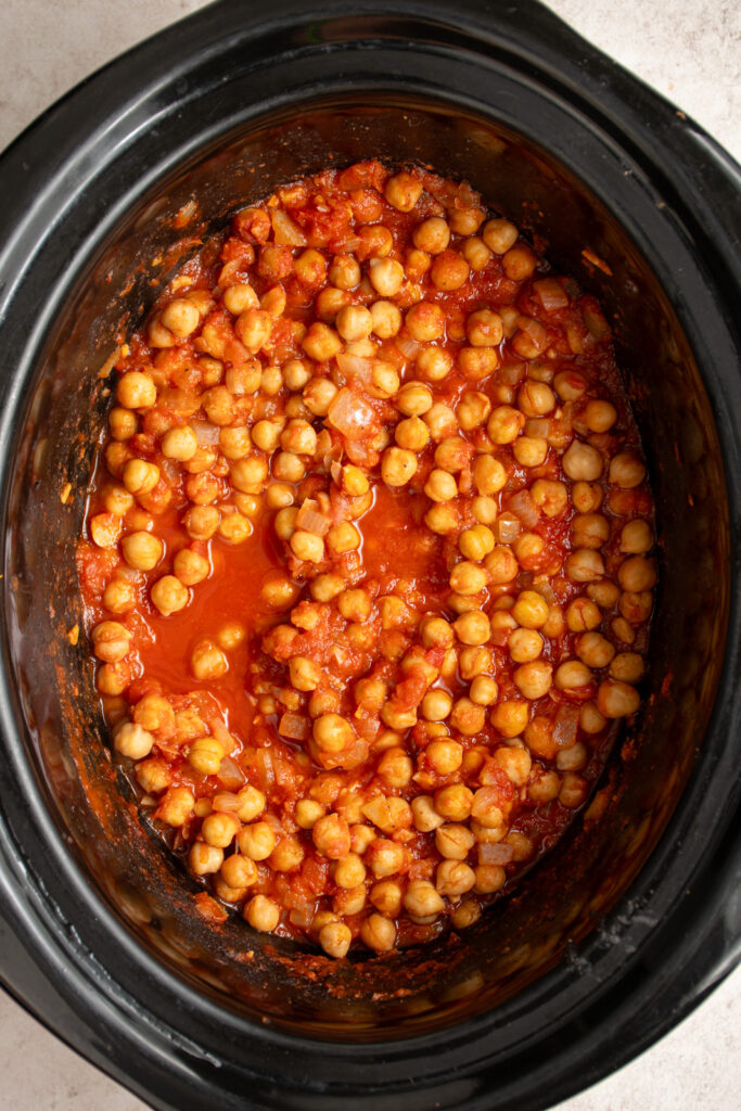 Cooked chickpea tikka masala before adding the creamy yogurt and fresh cilantro.
