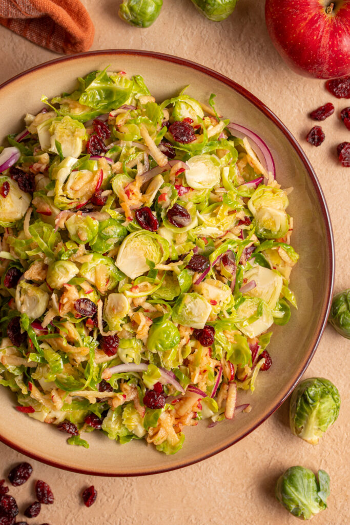 Shredded Brussel Sprout Apple Salad in a brown bowl with dried cranberries and red onions.