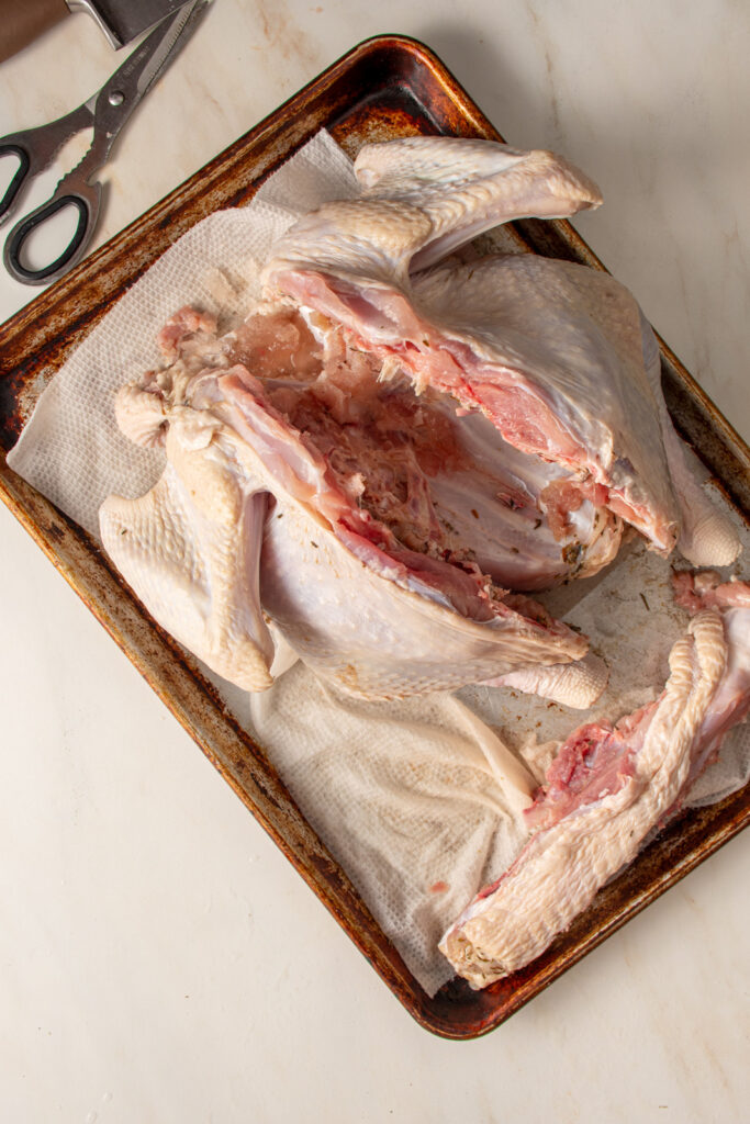 A turkey on a sheet pan with the backbone cut out.