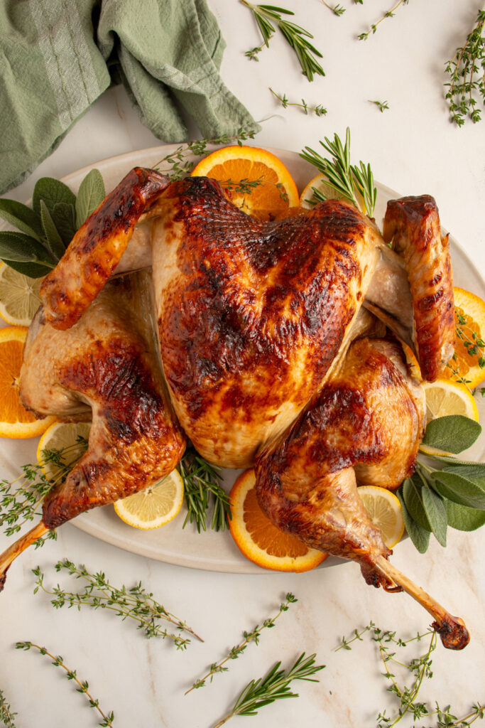 A roasted turkey that was brined in an apple cider turkey brine.