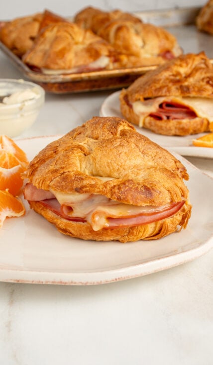 A white plate with a baked ham and cheese croissant sandwich showing sliced ham and melted cheese.