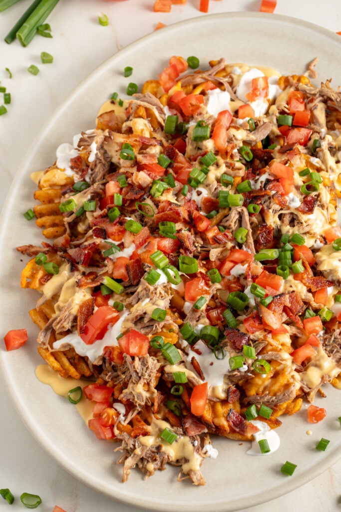 A large platter of pulled pork waffle fries piled with cheese sauce, sour cream, bacon, tomatoes, and green onions.