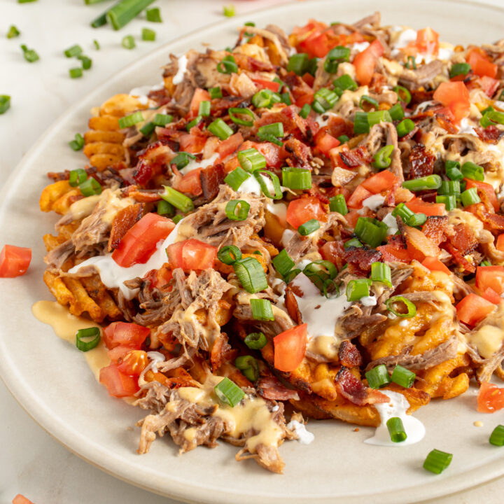 A large platter of pulled pork waffle fries piled with cheese sauce, sour cream, bacon, tomatoes, and green onions.