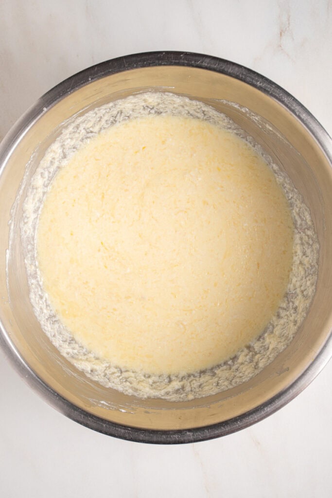 Whisked wet ingredients in a bowl.